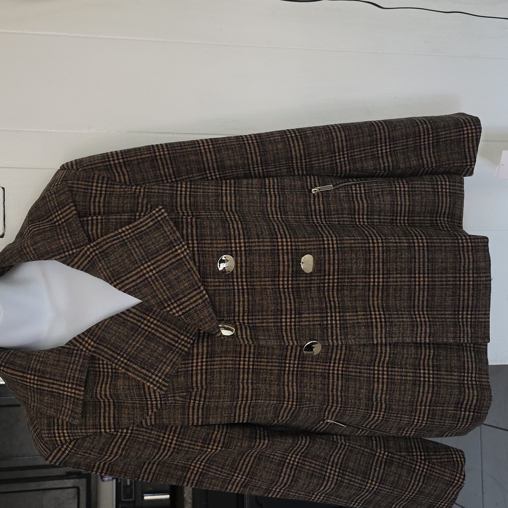 Maralyn & Me Wome's Brown Plaid Pea Coat